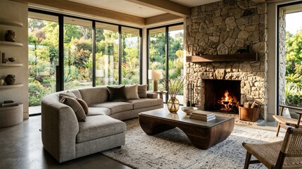 Fototapeta premium Cozy Modern Living Room with Stone Fireplace and Large Windows