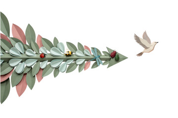Obraz premium Vintage botanical illustration of layered green leaves with ladybug, bee, and blue dragonfly. Retro floral design element for greeting cards, web backgrounds, and nature-themed decorations.