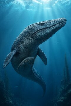 Adult and Juvenile Mosasaurs Swimming Together Underwater
