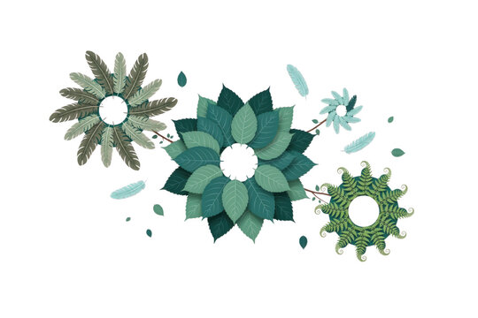 Botanical Vector Wreath Set, Green Leaf Flower Arrangement. Organic Floral Circle Border. Eco Friendly Natural Illustration. Wedding Invitation Design Element. Textured Herb Collection.