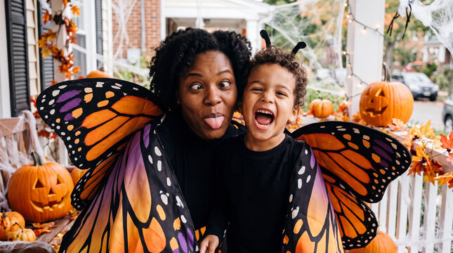 Halloween features mother and child in butterfly costumes with colorful wings for banner