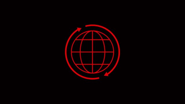 transfer, and interconnected networks on black background with copy space. minimalist red globe icon encircled by two rotating arrows on a black background