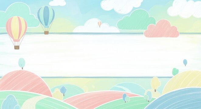 Whimsical hot air balloons floating over pastel rolling hills landscape