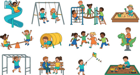 Fototapeta premium Kids Playground Equipment and Outdoor Play Vector Icon Set with Slide Swing Seesaw Sandbox and Activity Symbols for Daycare School and Education Websites
