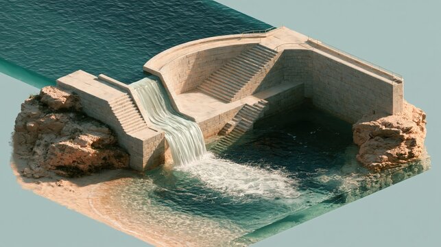An isometric miniature world illustration of a small curved dam holding back still water