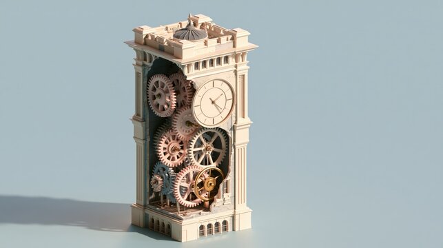 An isometric miniature world illustration of a small clock tower above a courtyard in a tiny isometric world with copy space