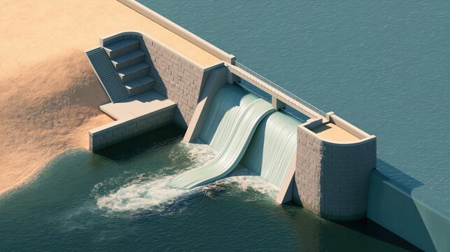 An isometric miniature world illustration of a small curved dam holding back still water rendered in muted pastel tones