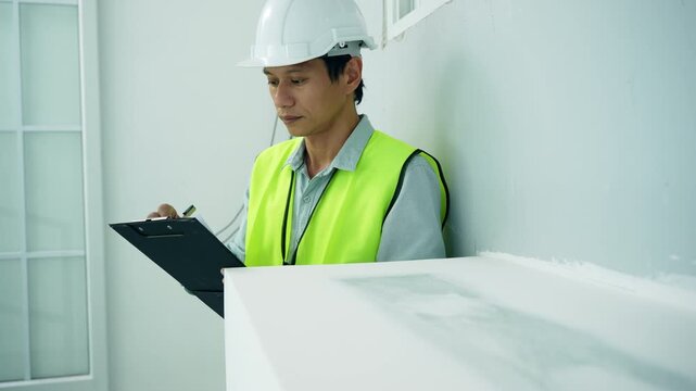inspector or engineer is inspecting construction and quality assurance new house using a checklist. Engineers or architects or contactor work to build the house before handing it over to the homeowner