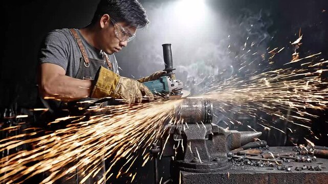 Skilled metalworker using handheld angle grinder tool to polish dark industrial steel pipe clamped in heavy iron vice with brilliant golden sparks flying creating cinematic action.