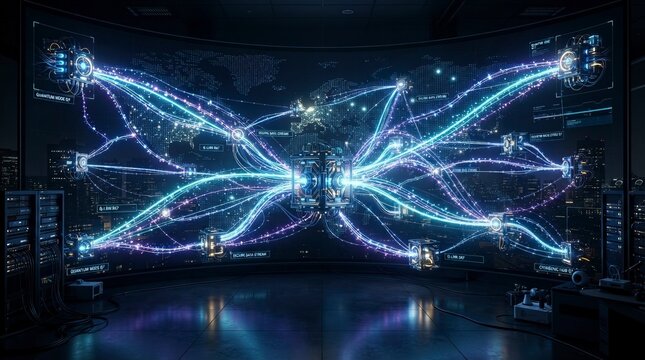 Futuristic Quantum Computing Network Connecting Global Data Nodes in a High-Tech Server Control Room