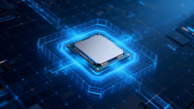 Sleek processor chip glowing with blue circuit pathways on a digital motherboard background