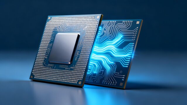 Close-up of a microprocessor chip and circuit board with glowing blue data pathways on dark blue background