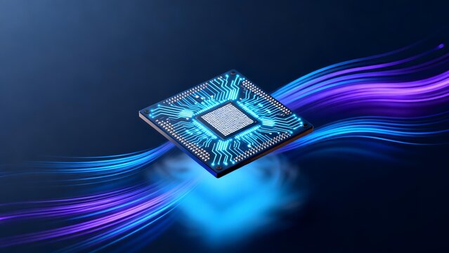 Microprocessor chip with glowing blue and purple data flow trails against dark background