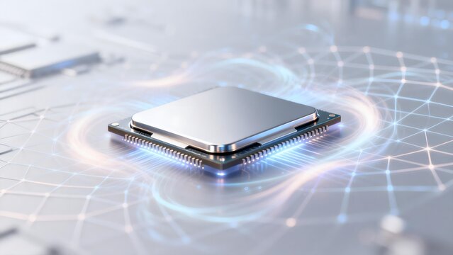 Close-up of a modern microprocessor chip with glowing blue energy rings on a circuit board background