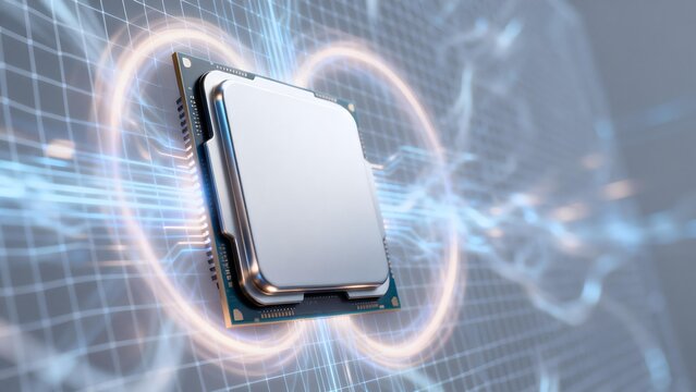 Modern CPU processor with glowing circuit effects on a digital grid background