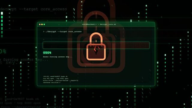 Digital hacking interface showing a security lock being decrypted with scrolling green binary code