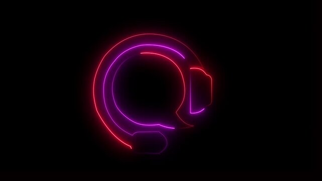 Abstract glowing  neon outline icon of headphones with a speech bubble symbolizing communication and customer service concept . Neon glowing color customer support headset video animation