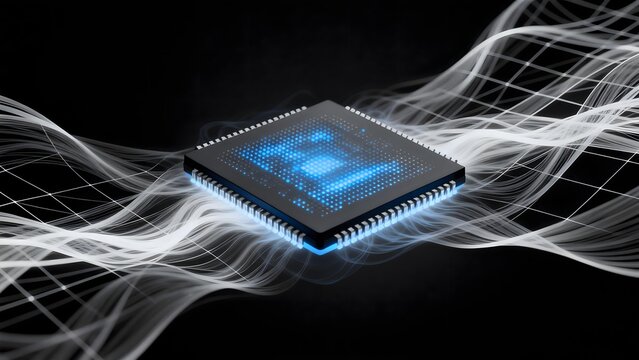 Blue-lit microprocessor chip with flowing white data streams against black background