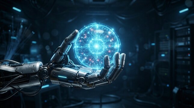 Futuristic Robotic Hand Holding a Glowing Digital AI Sphere and Neural Network in a Data Center Lab