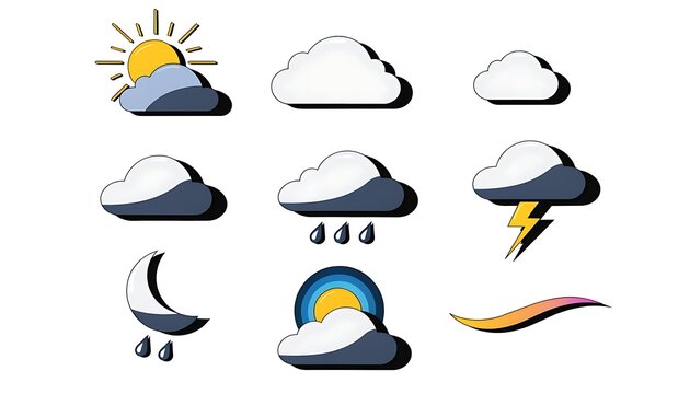 Set of nine weather forecast icons clouds lightning rain sun cut out isolated on transparent white background PNG. AI GENERATED.
