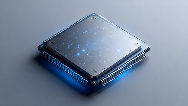 Modern microprocessor chip with glowing blue circuitry and metallic casing on neutral background