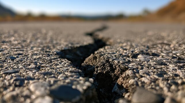 Deep fissure splits arid asphalt road with blurry background mountains