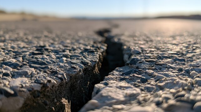 A deep, jagged crack splits the textured asphalt surface of a desolate road