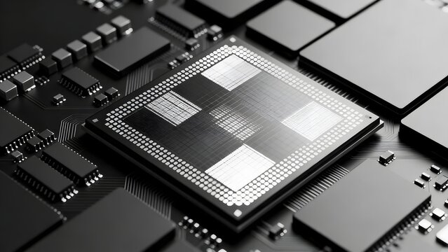 Close-up of a microprocessor chip on a circuit board with surrounding electronic components in monochrome