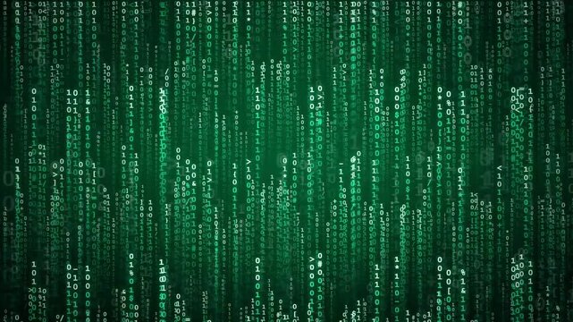 Digital rain of green binary code falling on a black background for technology concepts