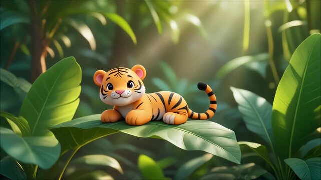 Tiger cub resting on leaf in jungle sunlight