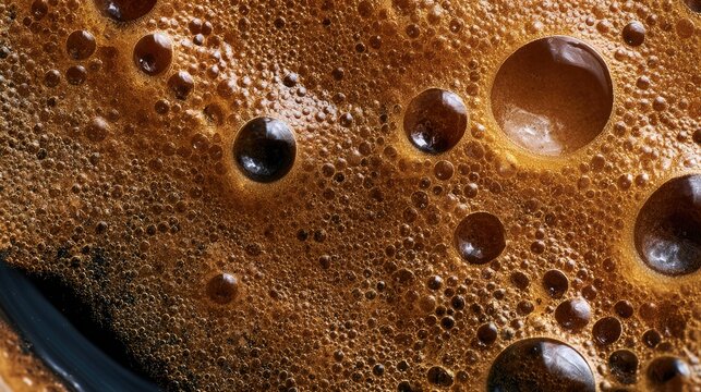 Extreme close-up of rich brown coffee foam with varied-sized bubbles