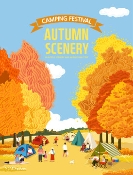 Autumn Camping Festival With Tents, Families, And Outdoor Activities
