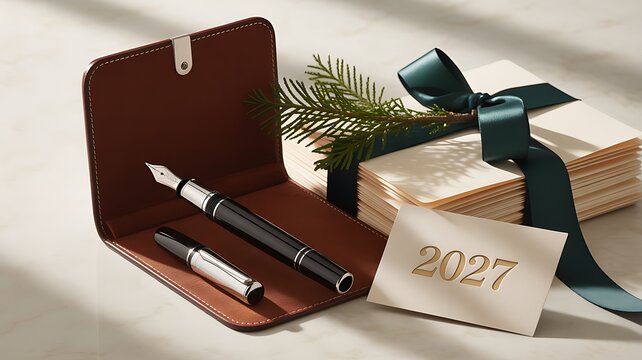 Fountain pen in a leather case with a stack of cards tied with a green ribbon and a 2027 new year greeting card