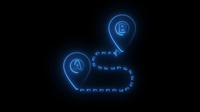 Neon location icon and GPS tracking point marker animation. Concept of path or road. GPS navigator. 4K Video motion graphic animation