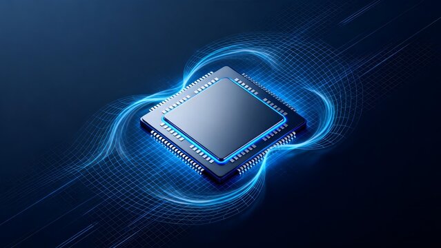 Modern microprocessor chip with glowing blue energy waves on dark background
