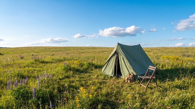 Canvas tent stands beside a wooden chair in a sunlit grassy field under blue sky.