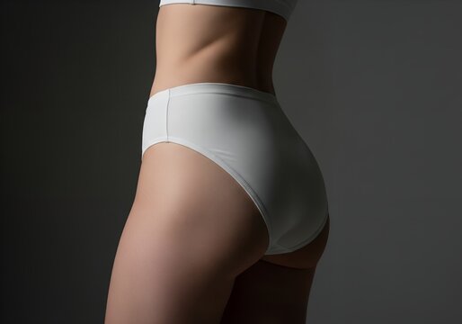 Rear Three Quarter View Studio Shot of Slim Fit Woman Body in White High Waisted Panties Underwear Skincare Bodycare Concept Neutral Dark Gray Background