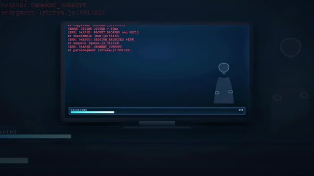 Digital screen displaying scrolling computer code and data processing with a loading progress bar