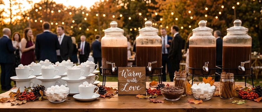 Rustic Autumn Wedding Hot Chocolate Bar with Glass Beverage Dispensers and Seasonal Decor &mdash; A cozy outdoor drink station features four large glass beverage dispensers filled with rich hot chocolate, e