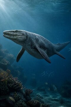 Mosasaurus Swimming Through Deep Prehistoric Ocean