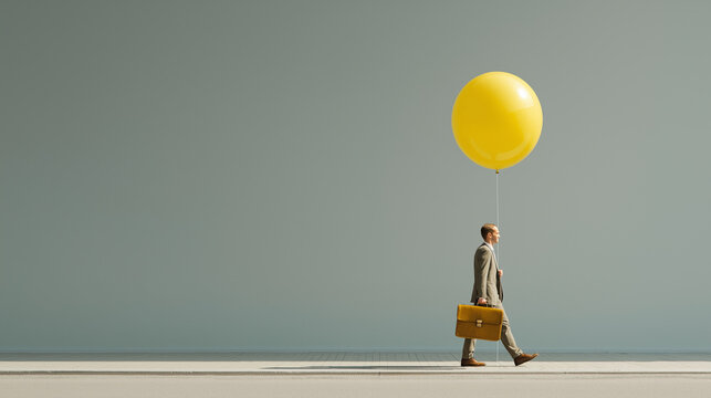 Man walking with yellow balloon and briefcase