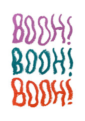 BOOH! Halloween word hand-drawn in shaky lettering with oil pastel, purple, blue and orange typography Mot BOOH! dessiné à la main au pastel gras, lettres tremblantes violettes, bleu © PicsandworksPurJus