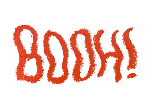 BOOH! Halloween word hand-drawn in shaky lettering with oil pastel, purple, blue and orange typography Mot BOOH! dessin&eacute; &agrave; la main au pastel gras, lettres tremblantes violettes, bleu