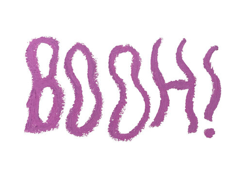 BOOH! Halloween word hand-drawn in shaky lettering with oil pastel, purple, blue and orange typography Mot BOOH! dessin&eacute; &agrave; la main au pastel gras, lettres tremblantes violettes, bleu