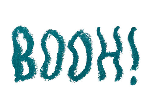 BOOH! Halloween word hand-drawn in shaky lettering with oil pastel, purple, blue and orange typography Mot BOOH! dessin&eacute; &agrave; la main au pastel gras, lettres tremblantes violettes, bleu