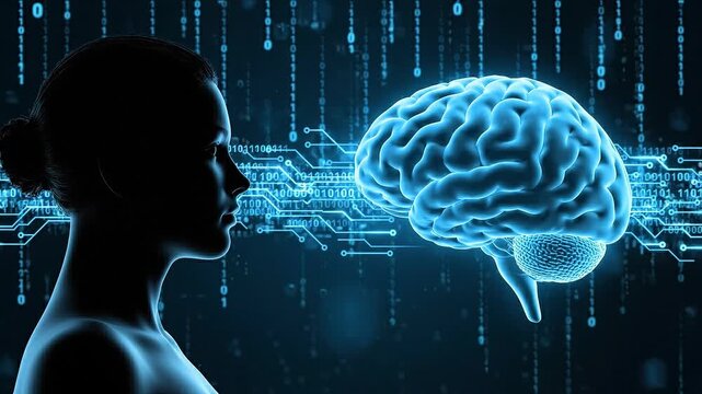 Silhouette profile face looking at floating blue glowing brain network interface with binary code digital stream backdrop representing artificial intelligence and advanced neuroscience.