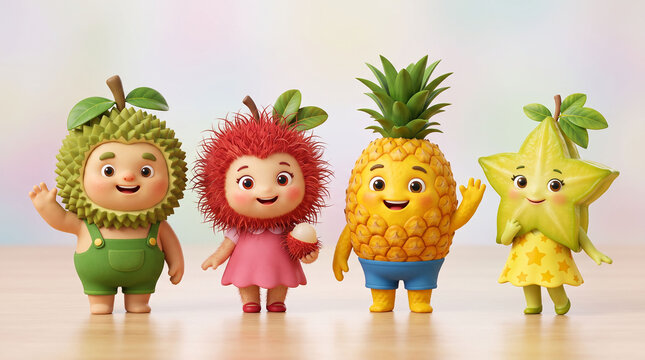 Cute 3D illustration of Filipino fruit mascot characters, friendly durian, rambutan, pineapple, and star fruit cartoon figures, bright background, generative AI.