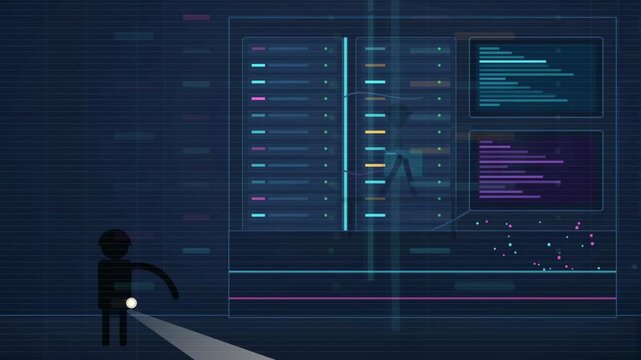 Abstract Digital Security Concept with Silhouette Figure Searching Data Code with a Flashlight Beam