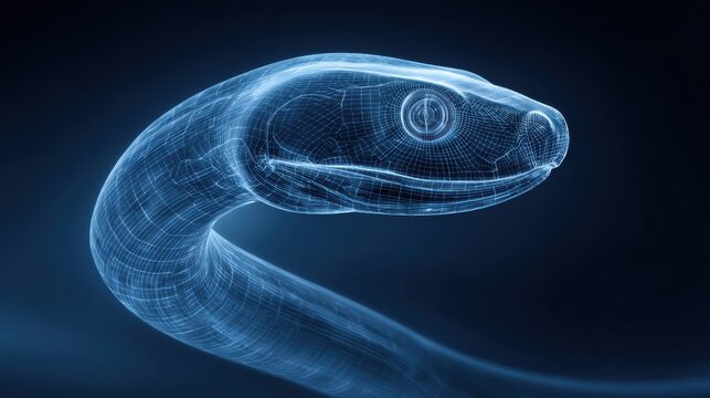 Futuristic holographic veterinary scanner projecting a detailed wireframe snake for advanced medical analysis.