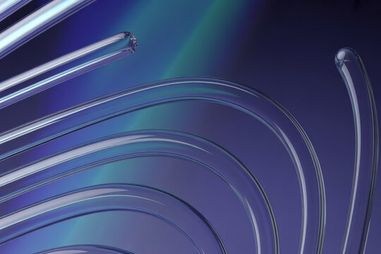 Abstract futuristic design featuring glowing curved glass tubes against dark gradient background glowing lines glass art neon glow modern installation digital
